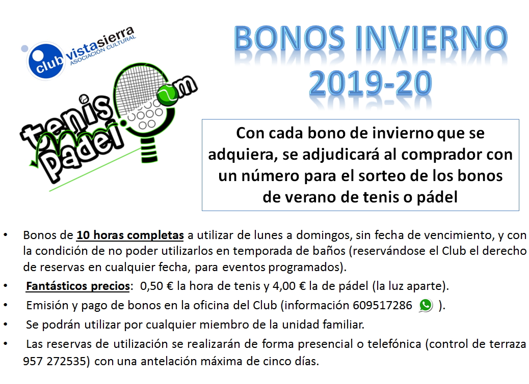 BONOS TENIS Y PÁDEL INVIERNO 2019-20